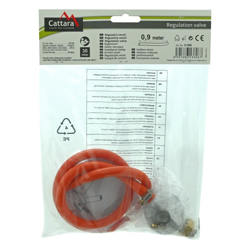 Set regulator de gaz 30mbar cu furtun 0.9m Cattara, EN16129 - TT13606