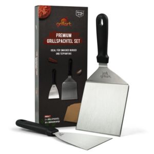 Set 2 spatule premium din inox pentru burgeri, include 30 foi hartie, pentru gratar tip plancha si teppanyaki, Grillart GA-1031